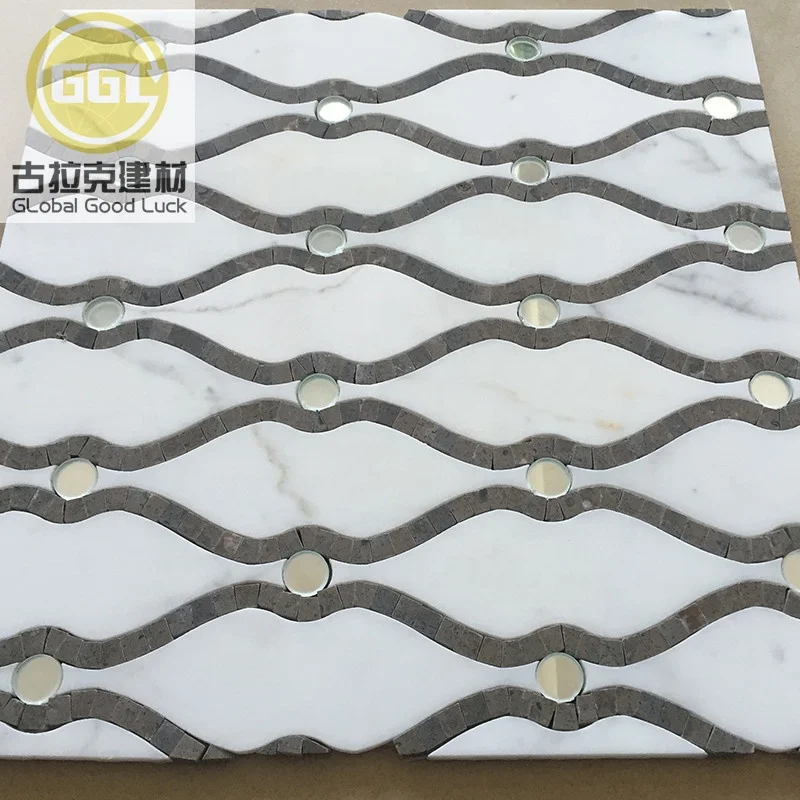 Line Design Mosaic Tile Calacatta Gold Waterjet Mix Glass for Floor and Wall Decor