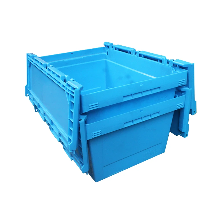 Large Storage Turnover Hinge attached lid Strong nestable stackable plastic Moving Tote Box for Supermarket