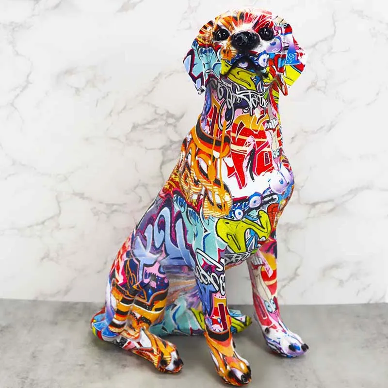 Creative Water Transfer Printing Artwork Colorful Labrador Dog Statue Sitting Resin Large Dog Statue