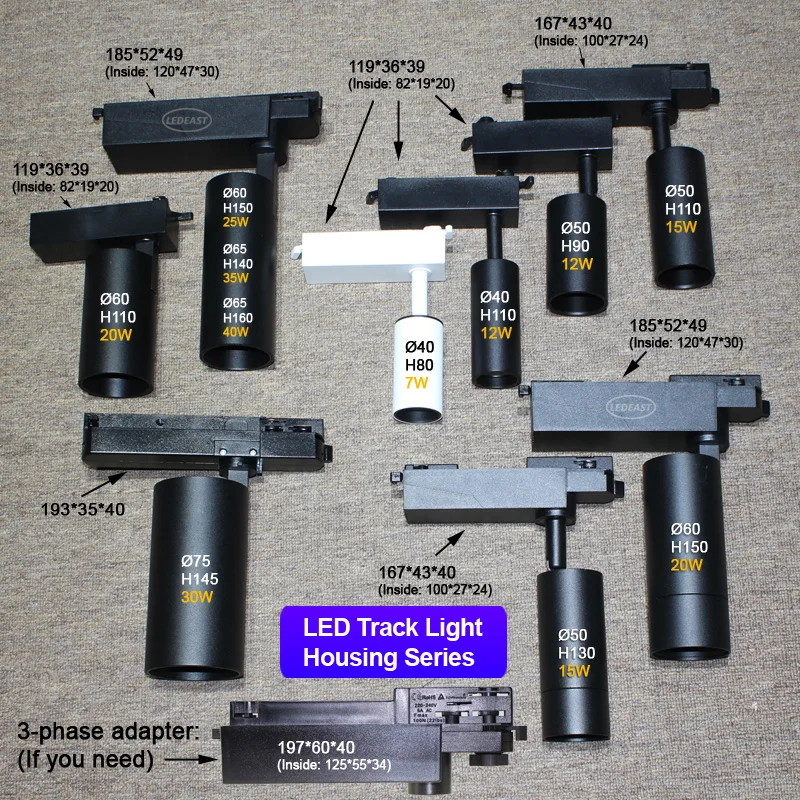 LEDEAST TLH50A 1 Phase 3 Phase Track Light Housing 12W Aluminum Canister Track Rail Light Holder Shell for Commercial Lighting