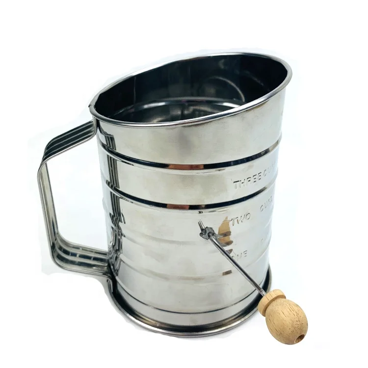 Stainless Steel Rotating Hand Crank Food Powder Flour Sieves Cup With Scale Four sifte for Baking cakes pastries