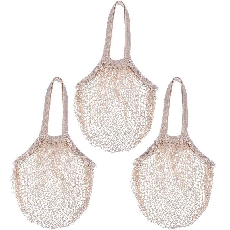 Long Handle Women Mesh Net Shopping Shoulder Cotton Bag Reusable Tote Woven Net Bags
