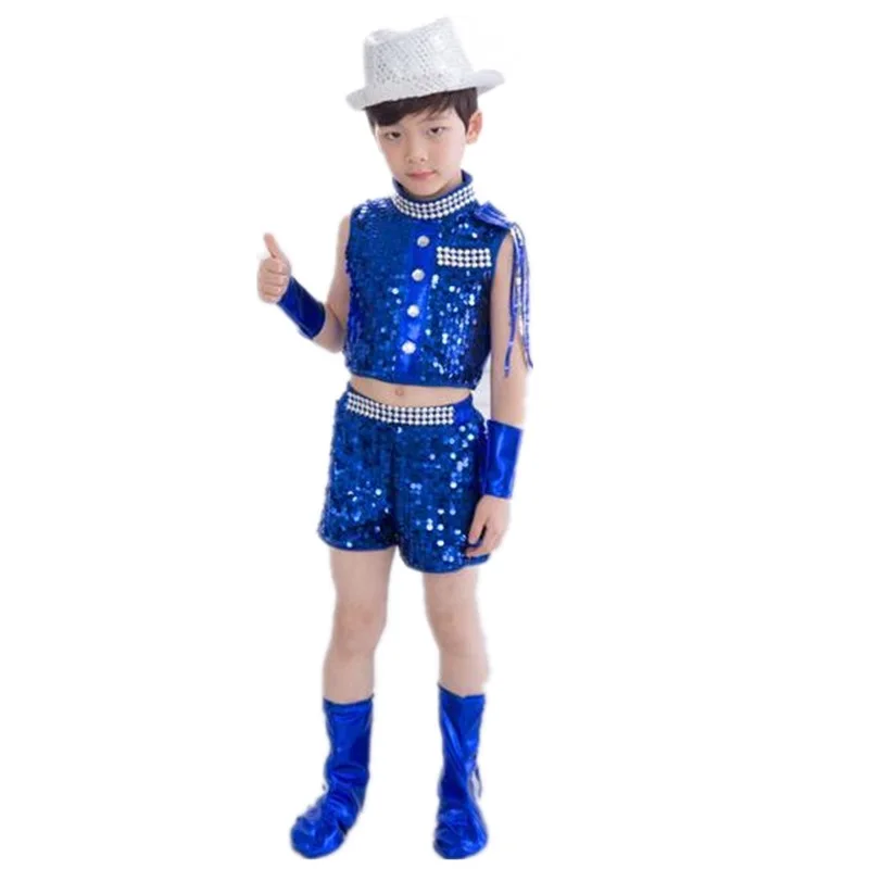 KYO Kids Sequins Sleeveless Hip Hop Costumes Tank Top With Shorts Feather Clips Set Jazz Dancewear
