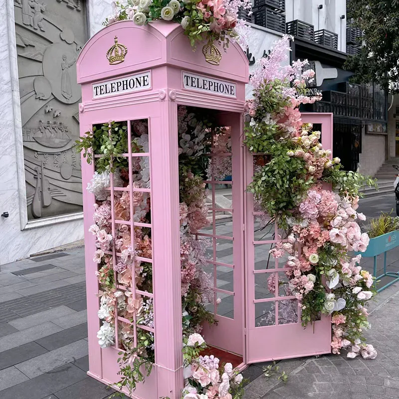 Hot sale New Art Installation british telephone phone booth antique pink floral london telephone booth