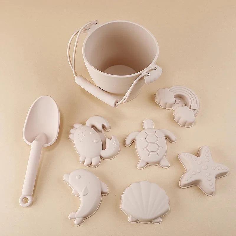 Best Selling Children Summer Outdoor BPA Free Food Grade Silicone Beige White Shovel Bucket Baby Beach Sand Toys Set for Kids