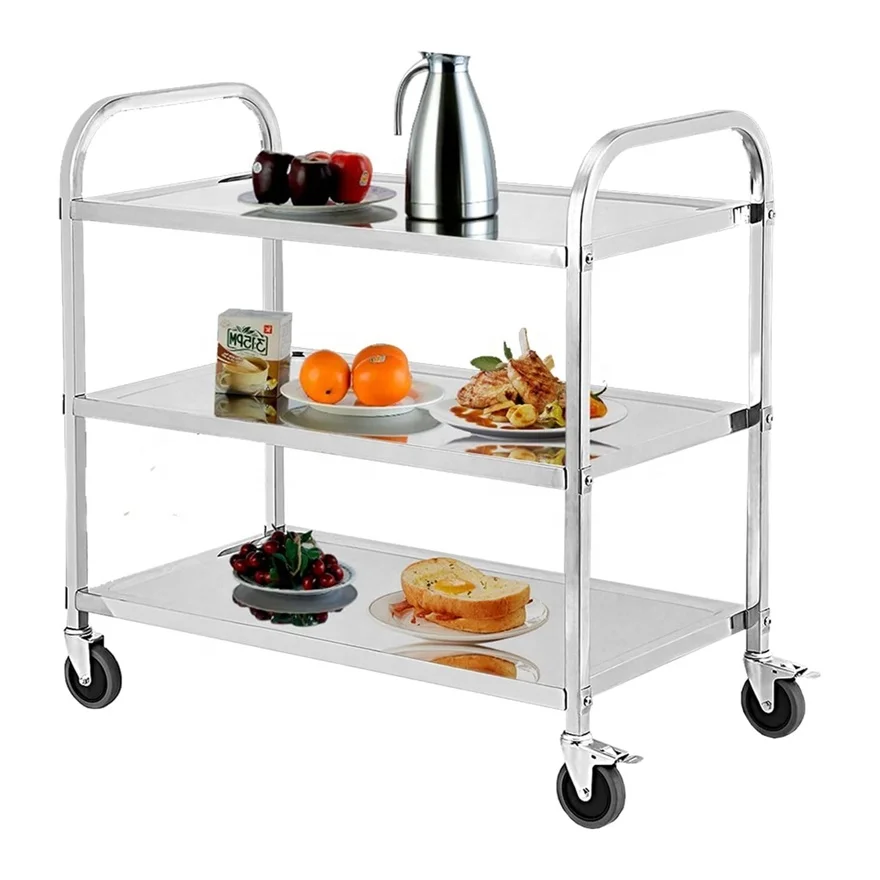 Catering Equipment Stainless Steel 3 tiers Working Table Dining Cart Hotel Kitchen Trolley with Wheels Kitchen Food Cart