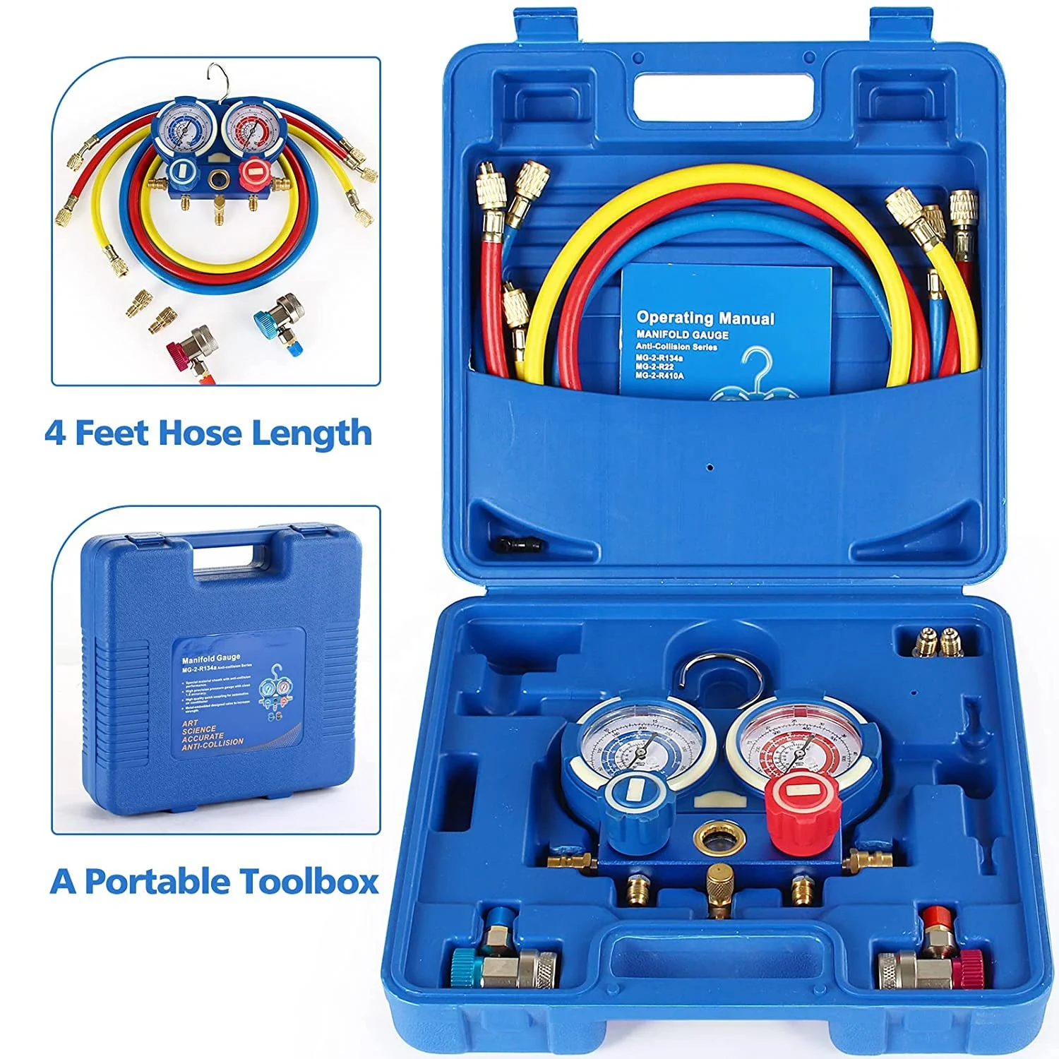 HVAC A/C Refrigeration Manifold Gauge Set Diagnostic R12 R22 R134a R410A with Hoses Adapter Adjustable Couplers