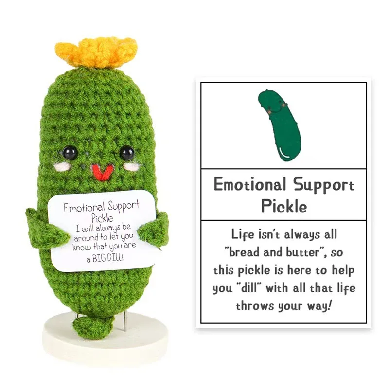 Handmade Emotional Support Pickled Cucumber Gift Cute Crochet Emotional Support Pickles with Funny Stickers Emotional Support