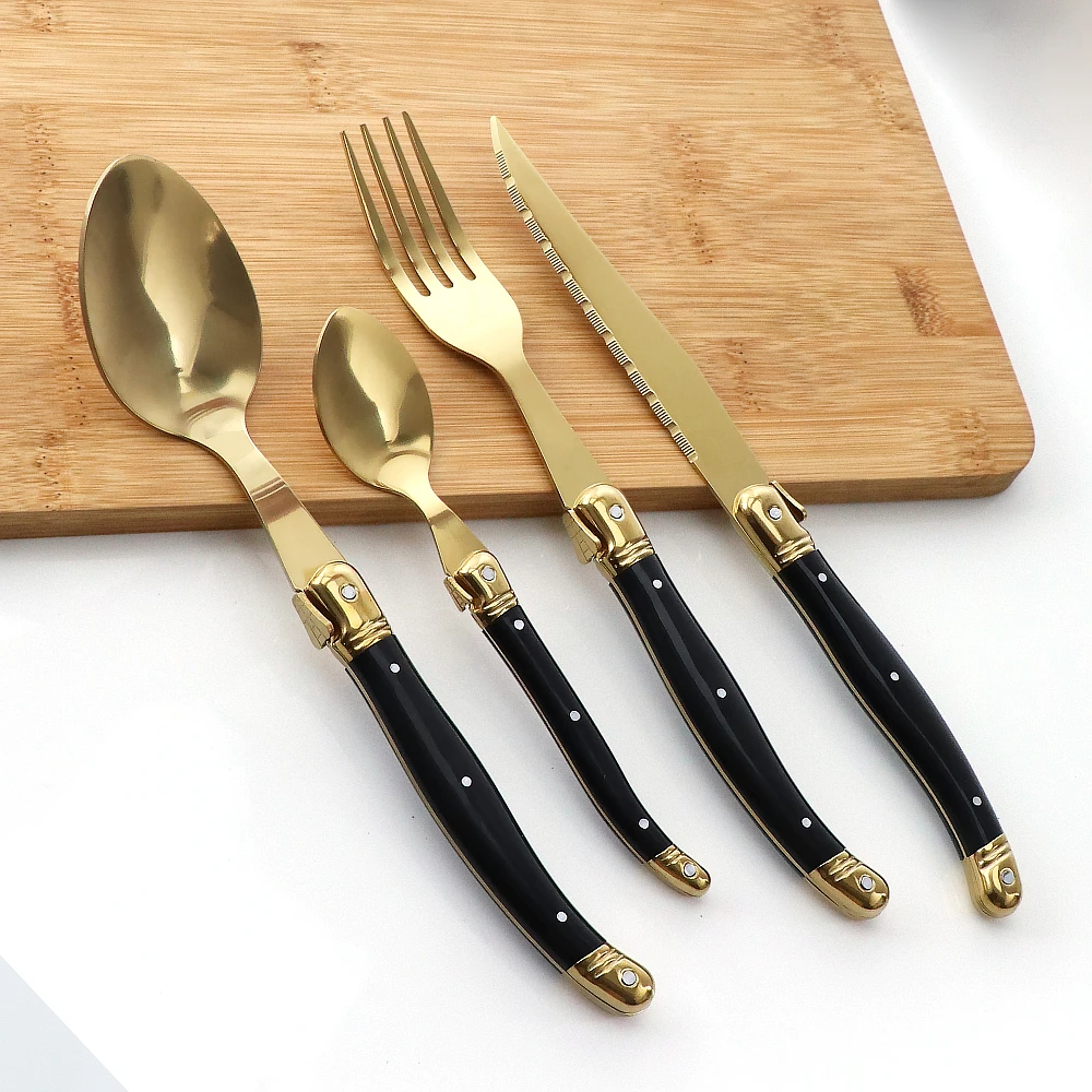 Golden Flatware Laguiole Cutlery Set Stainless Steel Sharp Steak Knives Forks Soup Spoons Teaspoons Dinnerware Set For Wedding