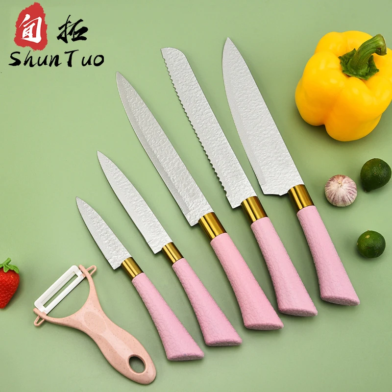 Hammer grain 3cr13 ultra sharp small kitchen high carbon stainless steel meat kebab messer chef cutter knife set with holder