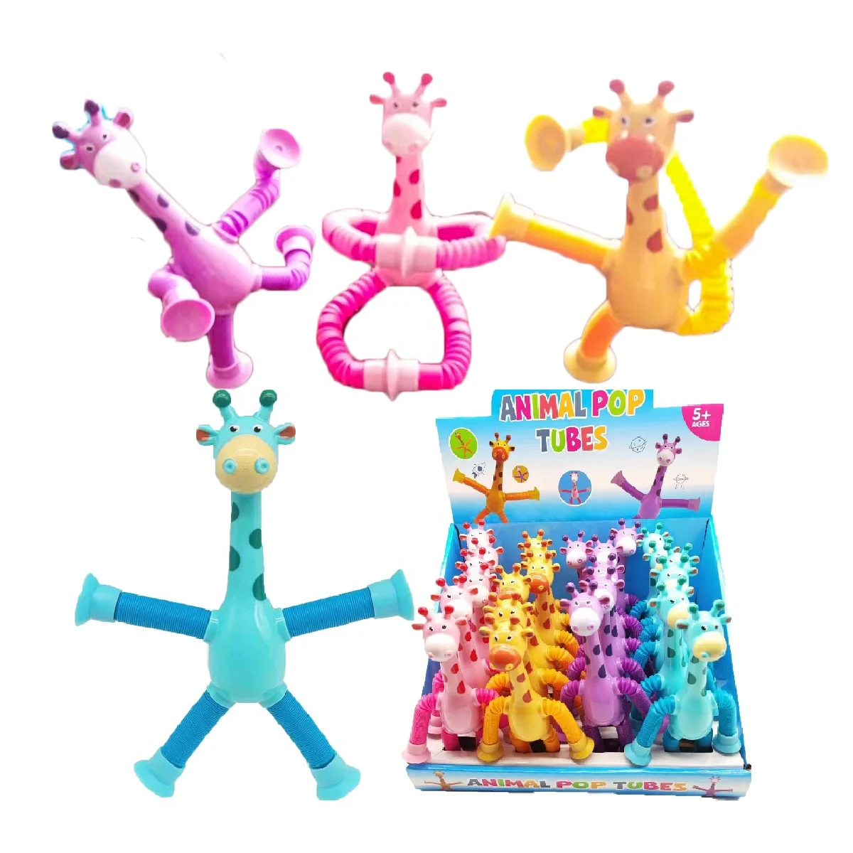 New arrival 2 in 1 suction toy giraffe animal large pack led light up pop tubes pop pipes sensory toys for kids