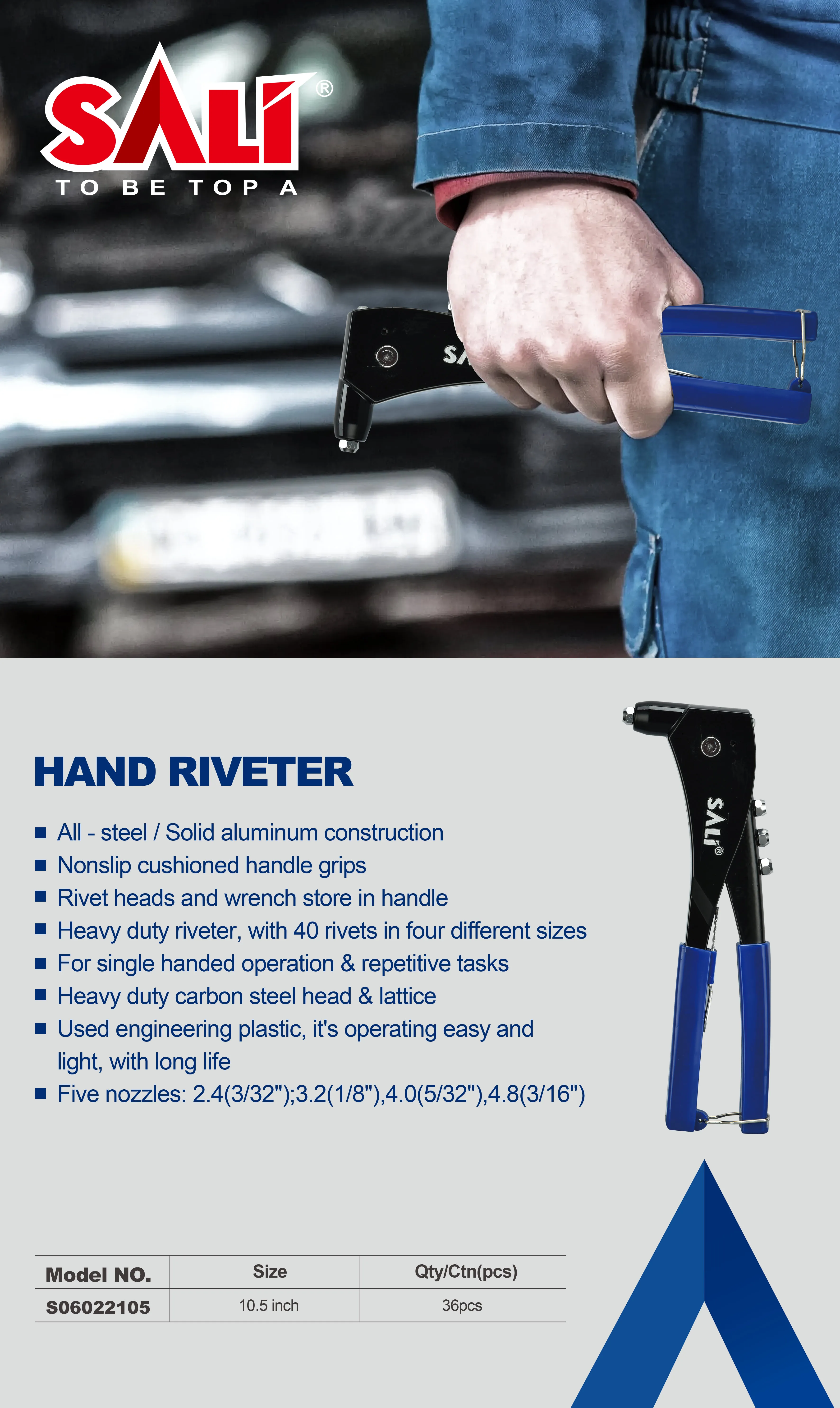 SALI 10 inch labor-saving manual hand riveter gun, high-hardness aluminum alloy riveter gun holder rubber handle riveter