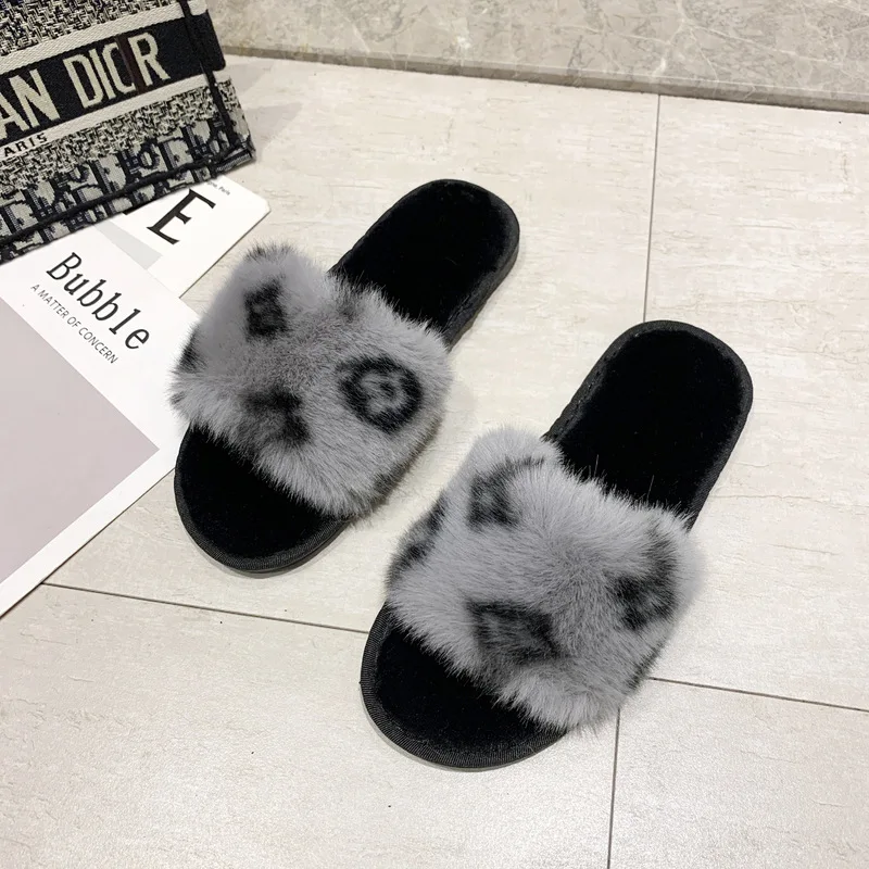 Hot Sale Slippers Winter Slide Slippers Fashion Warm Leopard Print Indoor Home Autumn/winter Fur Women Ladies Girl Female TPR