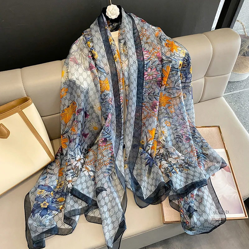 New arrival designer flower printed silk gauze scarf famous brands scarves women beach swimwear sarong cover up wrap shawls