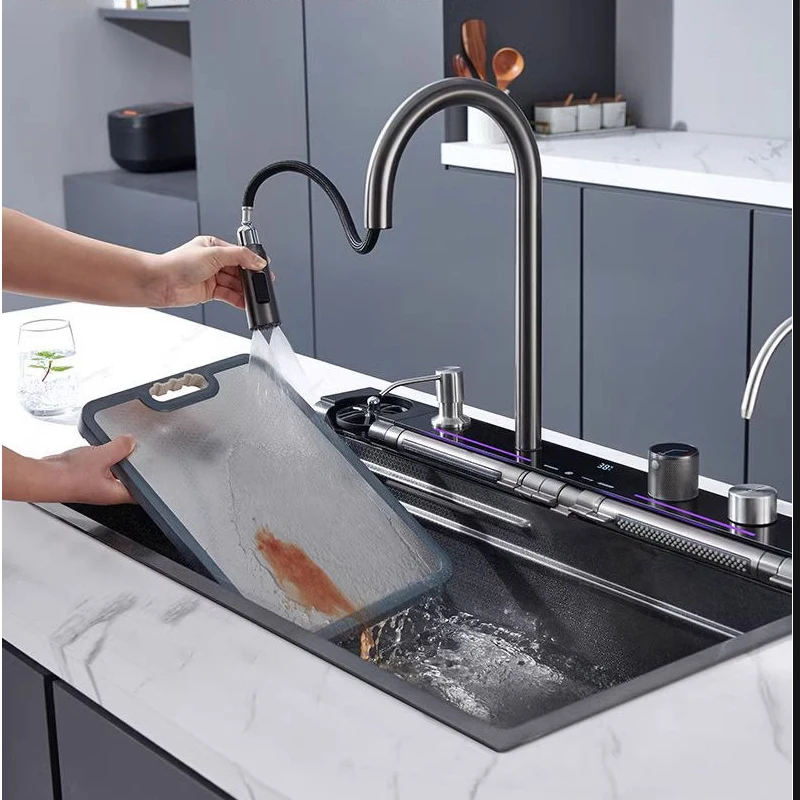 Factory Multifunction Black Grey Sink Waterfall Digital Display Fly Rain Pull-Out Faucet Single Bowl Kitchen Sink Set