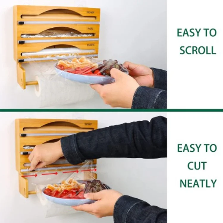 4 in 1 Wrap Dispenser with Cutter and Labels Wall-Mount Bamboo Roll Organizer Holder for Kitchen Drawer