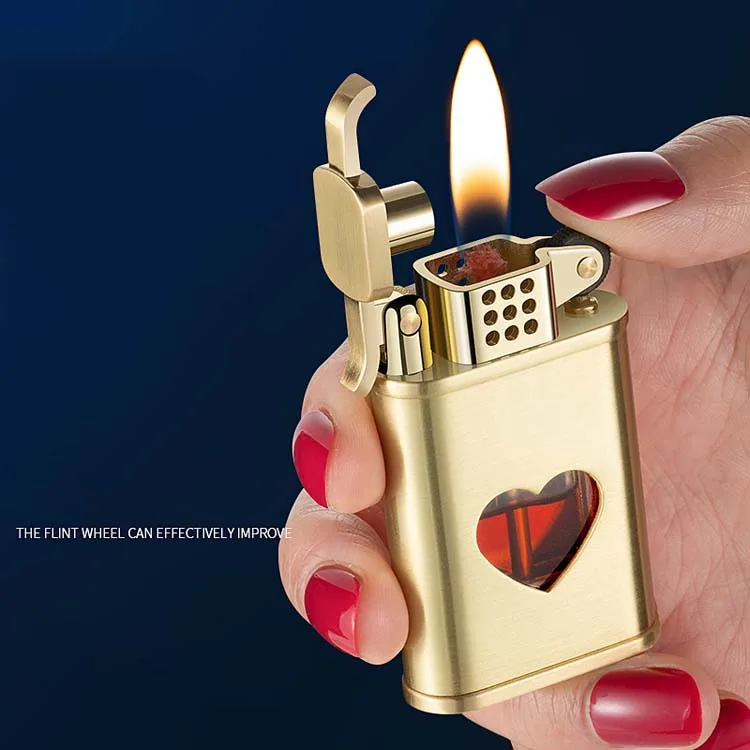 New heart-shaped transparent visible window lighter metal grinding wheel open flame oil wholesale