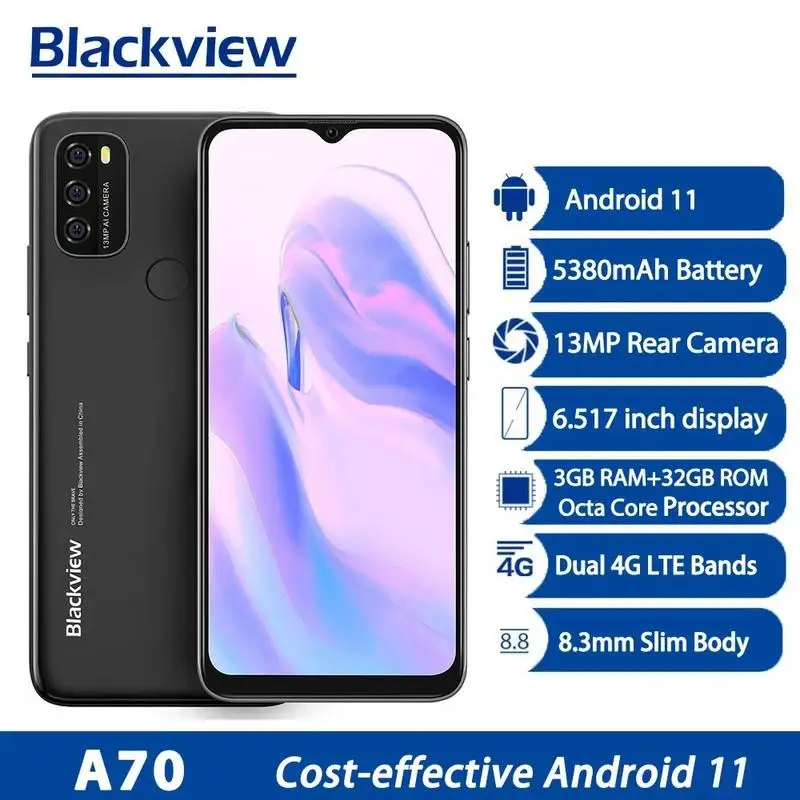 Blackview A70 Android 11 Smartphone 6.517 Inch Display Octa Core 3gb +32gb 5380mah 13mp Rear Camera 4g Mobile Phone