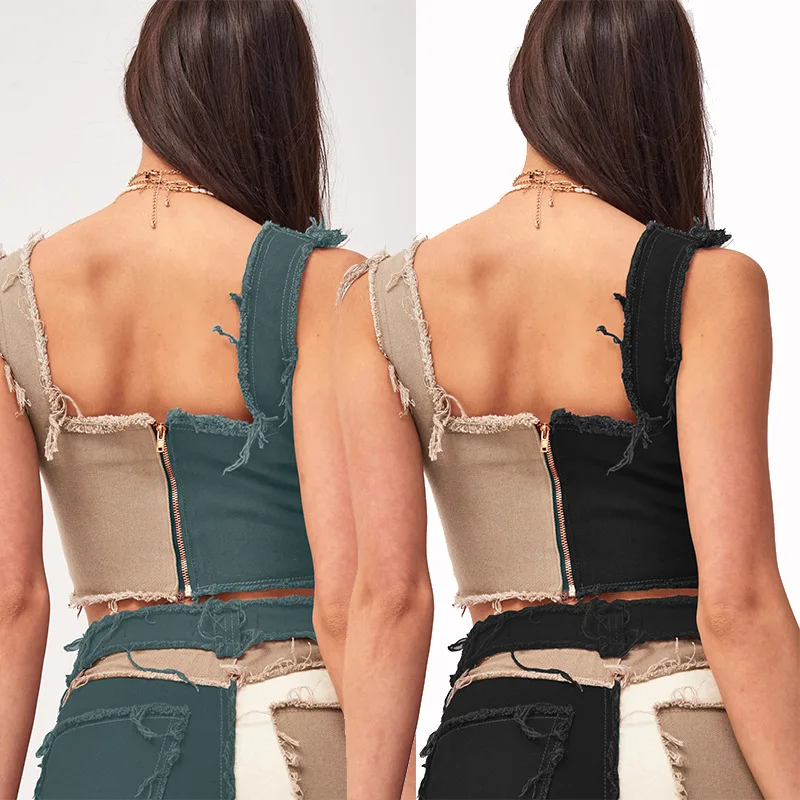 New Female Woman Fashion Feature Multicolor Stitching Denim Vest Patchwork Crop Tank Top