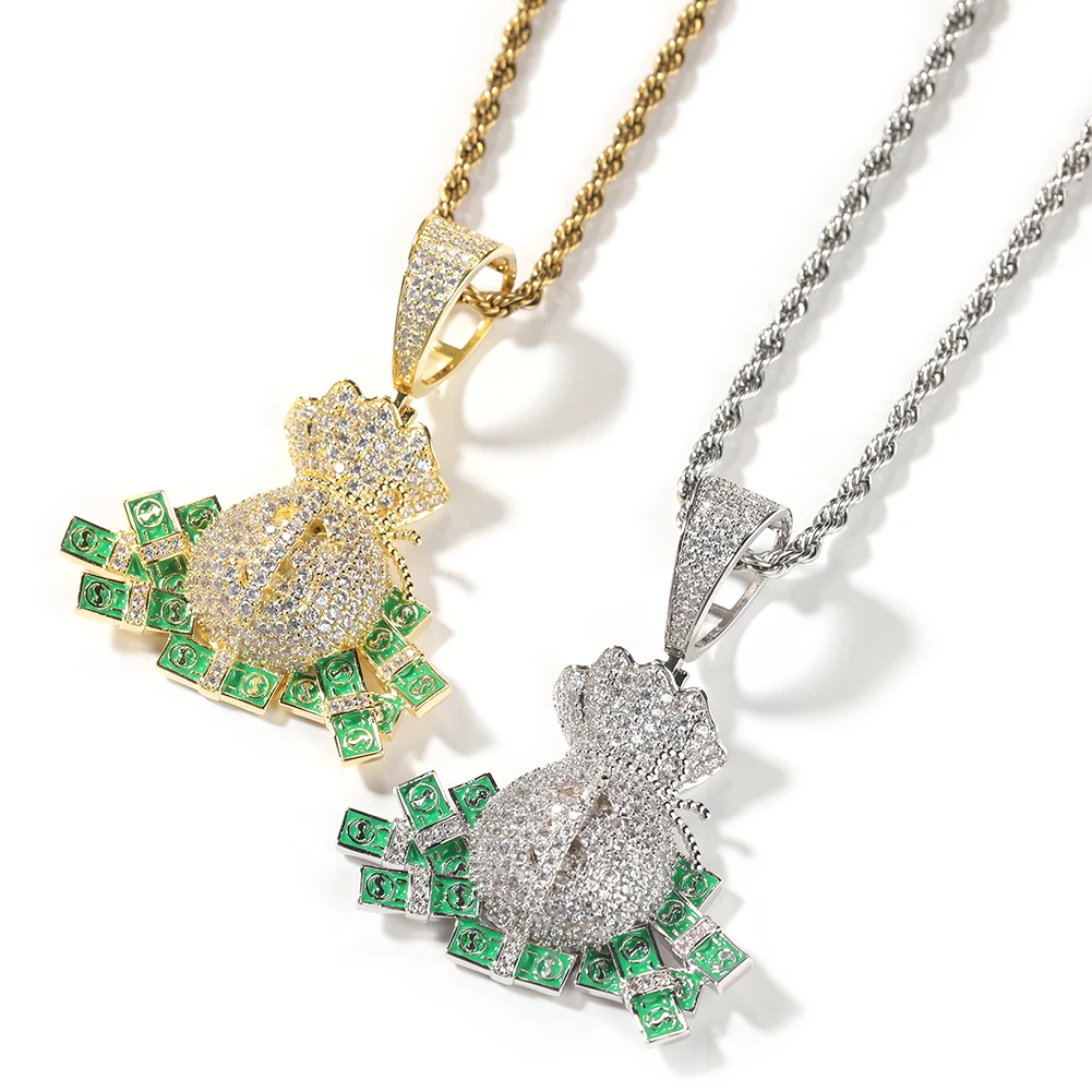 Uwin Enamel Dollar Iced Out Cubic Zirconia Money Bag Pendant Necklace Hip Hop Women Men Jewelry