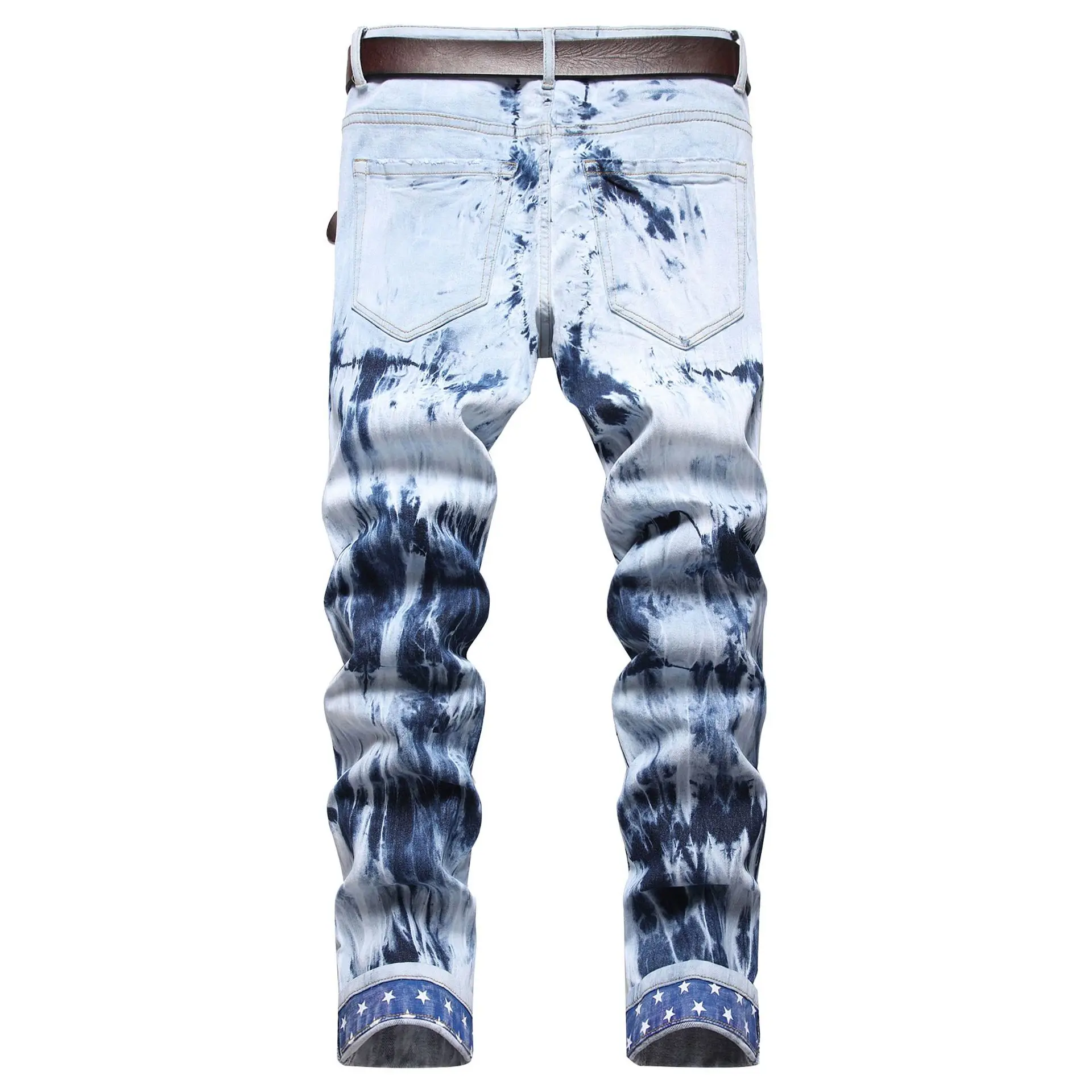 Youth Street Hipster European and American Style Embroidery With Bleached Hem Fashion Stretch Denim Pants