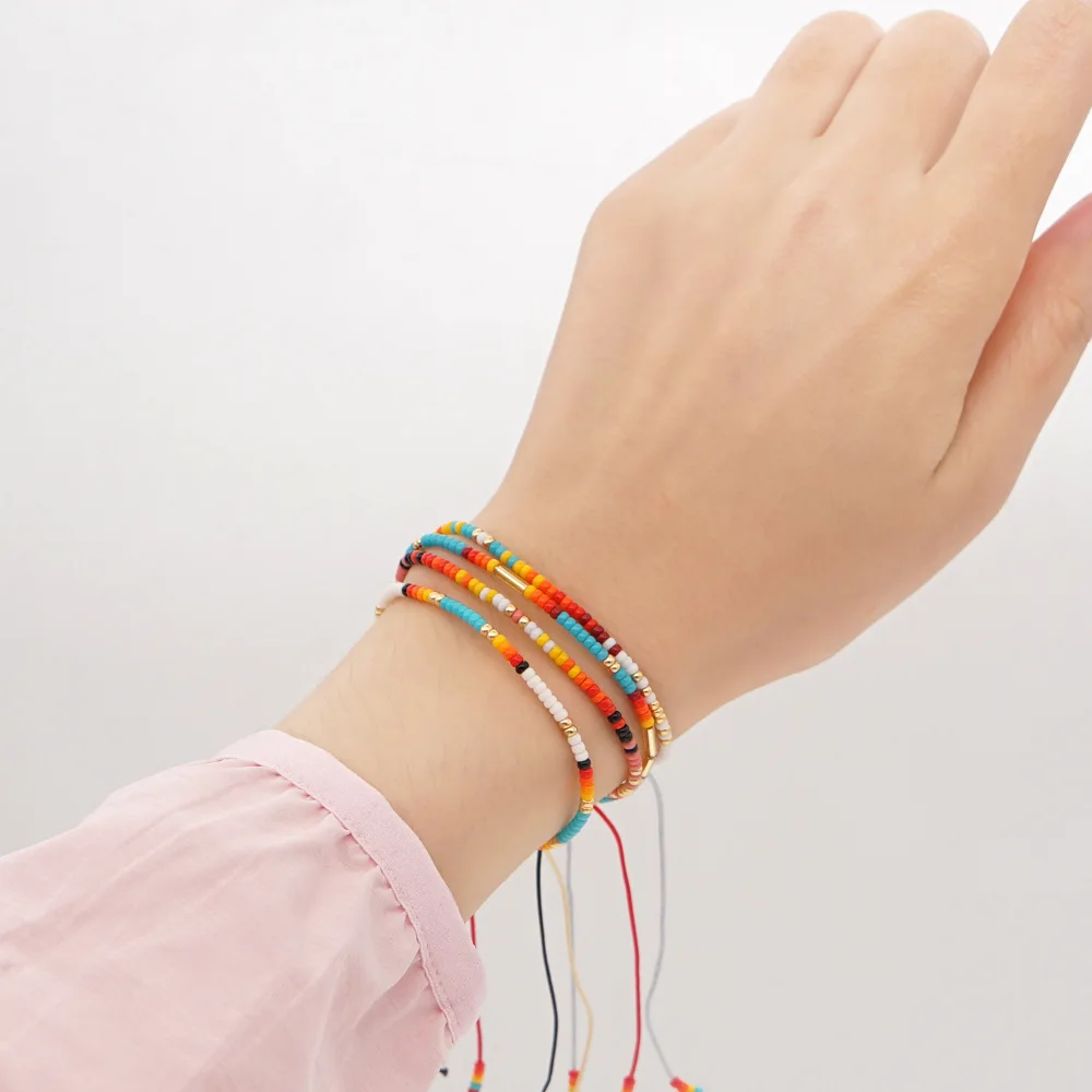 Bohemian Rainbow Color Miyuki Beaded Bracelet Handmade Adjustable Seed Beads Gold Tube Charm Bracelet For Women Couple Jewelry