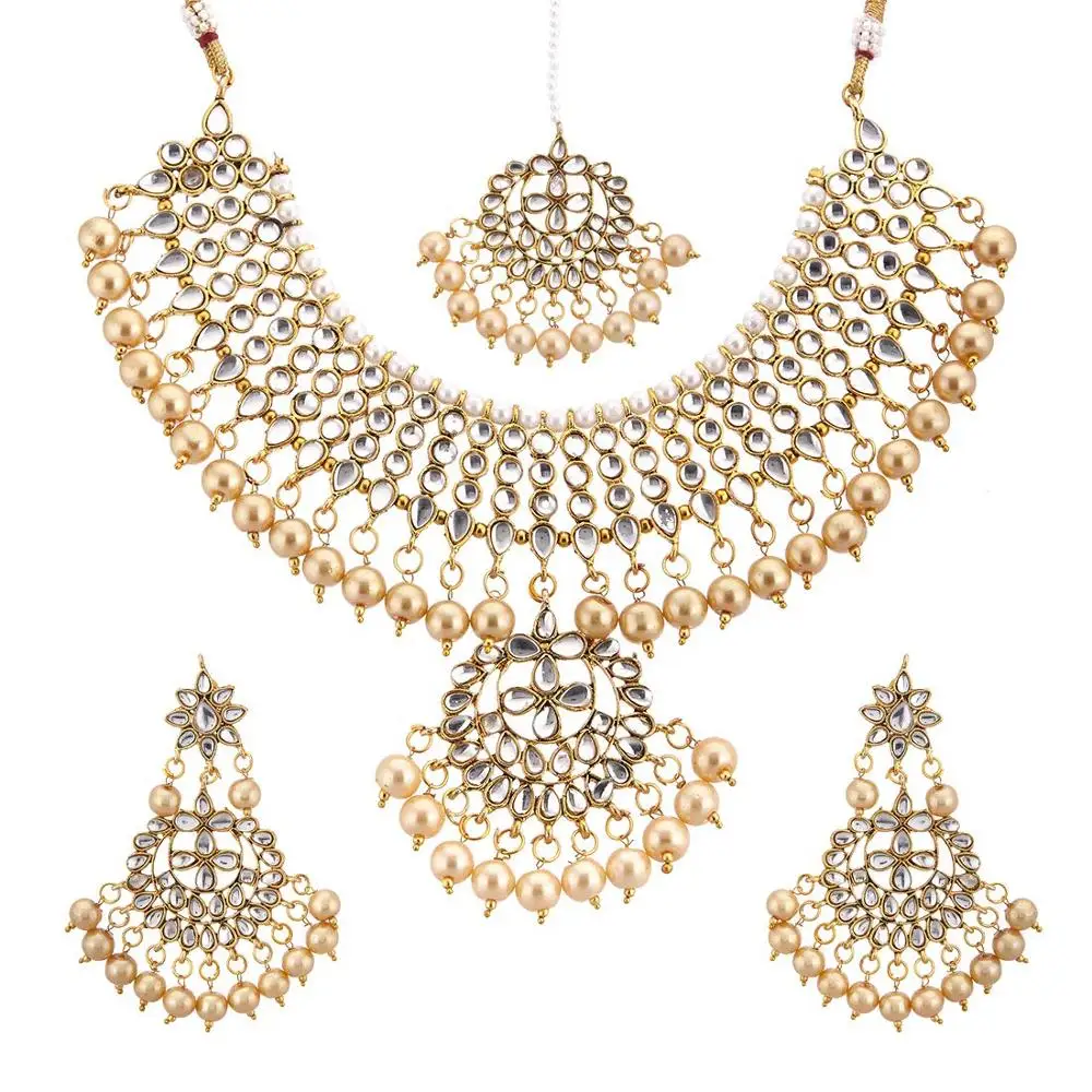 Wholesale Indian Bridal Gold Plated Kundan Polki Necklace with Earrings Maang Tikka Jewellery Sets