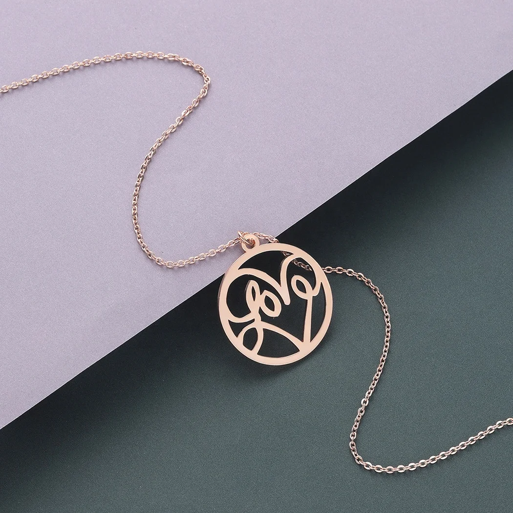 Rose gold colour stainless steel custom hollowed out round charm love infinity pendant necklace for women and girls gift