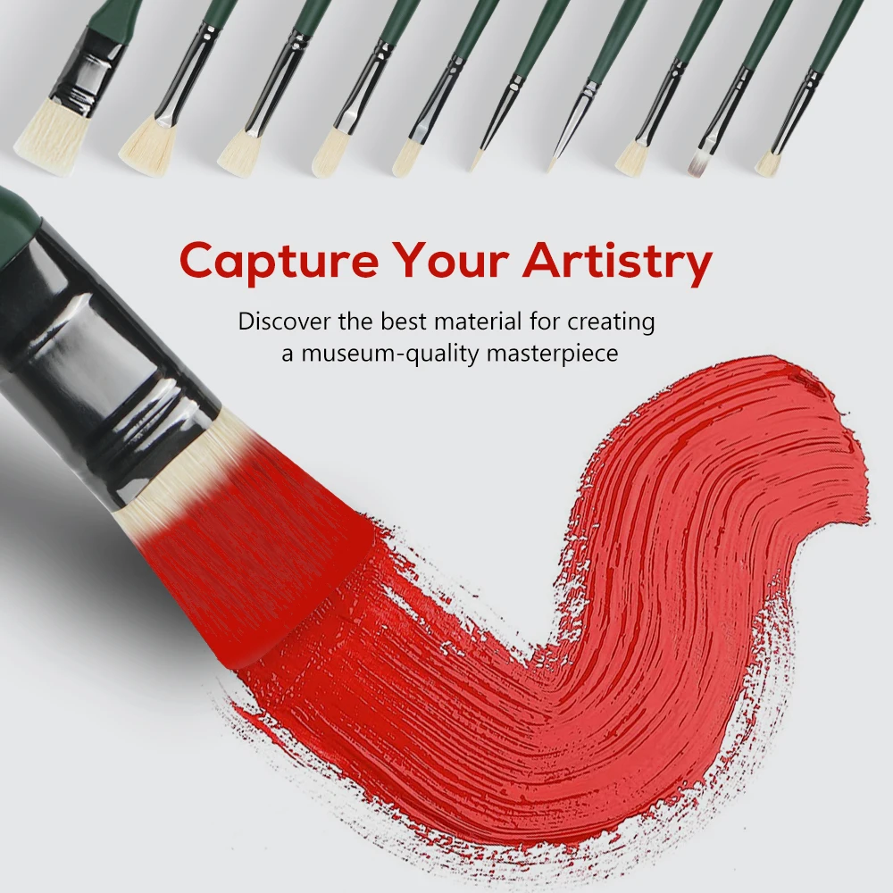 Artist Painting Drawing Brushes 10 Pieces Flat Hog Bristles Wooden Handle Set For Oil Colors Watercolor Acrylic