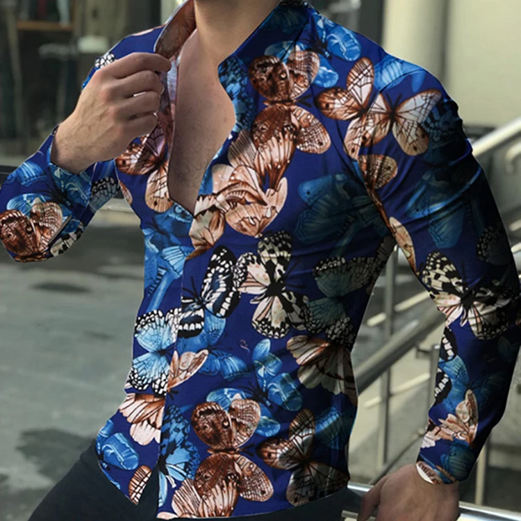 Men Long Sleeve Flower Printing Casual Hawaiian Shirts