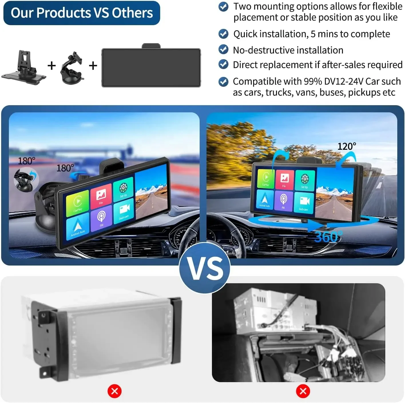 Universal Portable 10.26 Inch Car Stereo Carplay Android Auto Car Stereo DVD Degree Rotation Player Car Radio