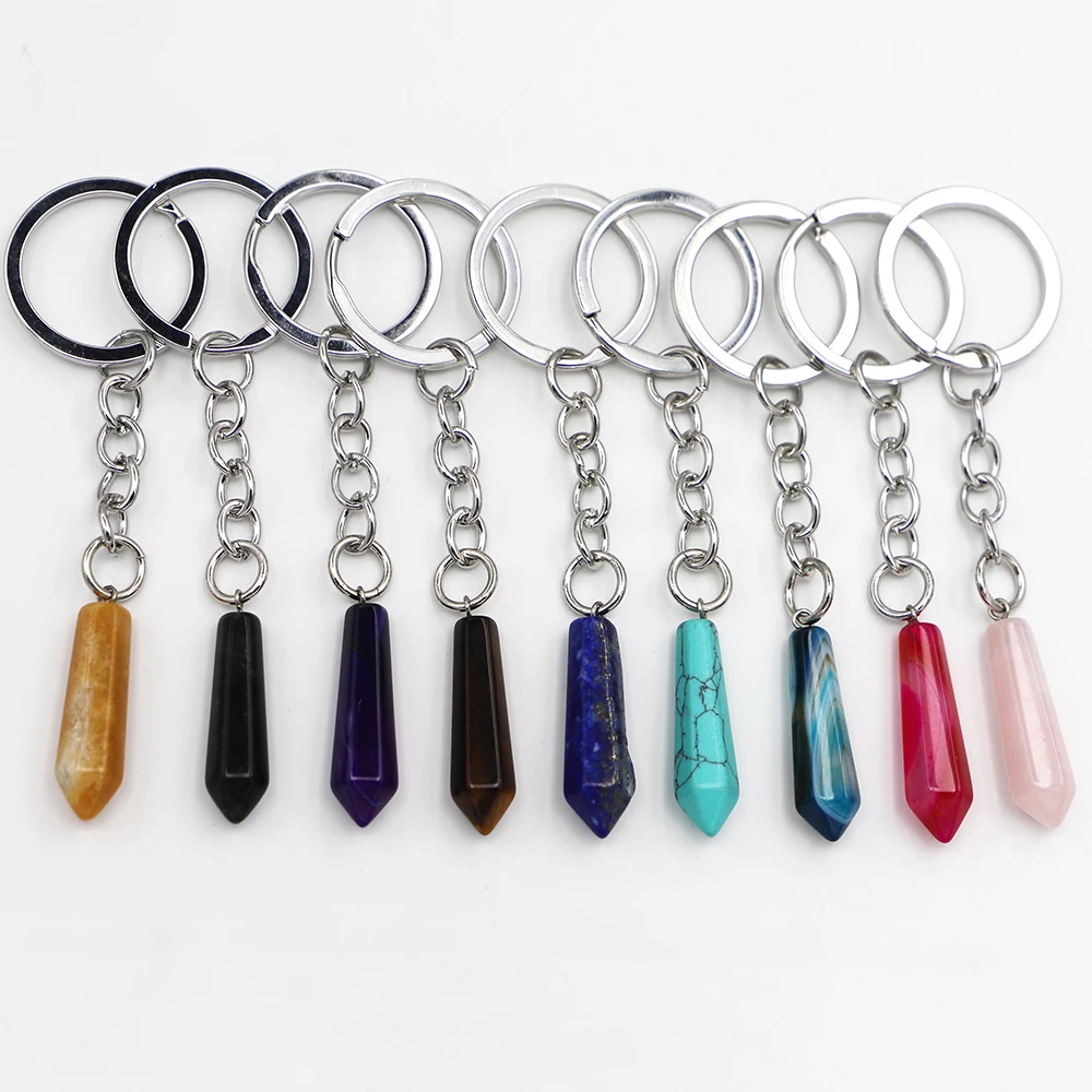 Natural Stone Hexagonal Column Keychain Stripe Agates Pendants Key Rings on Bag Car Jewelry Party Friends Gift