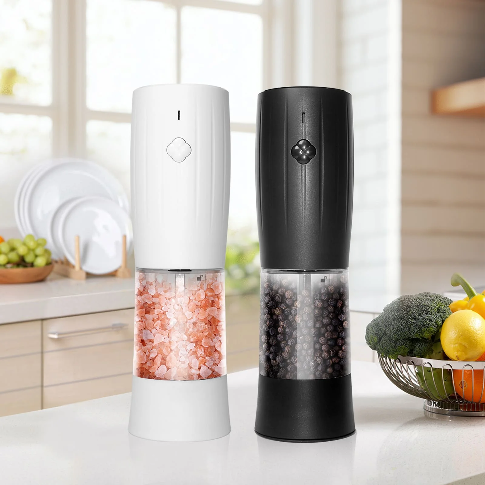 Flower Shape Button One Hand Operated Rechargeable Electric Salt and Pepper Grinder Set Automatic pepper Mill with LED Light