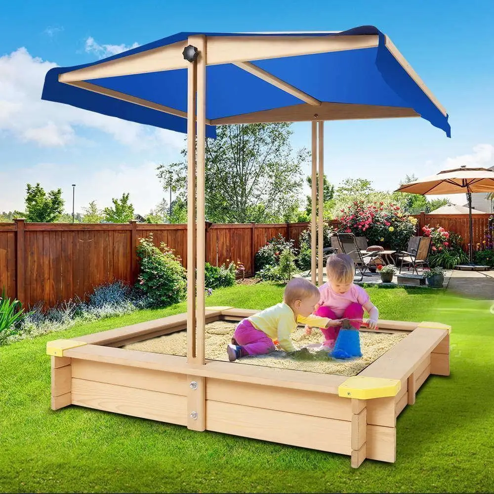 Outdoor Wooden Sandbox Complete Beach & Sand Toys Sand Pit Set with Plastic Box and Canopy for Kids