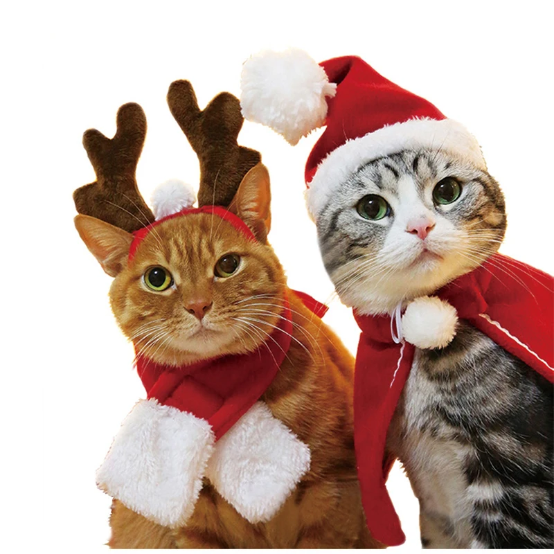 Christmas Santa Dog Cosplay Collar Cape Cute Elk Headwear Cat Accessories Photo Props Decorations Funny Cat Costume Clothes