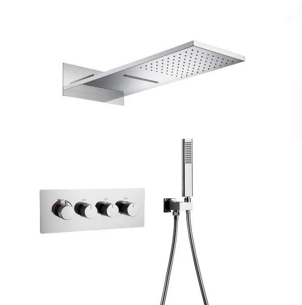 New Chrome Matt Black 3 Function Waterfall Rain Thermostatic Shower Set Bathroom Faucet Shower System with Handheld Shower