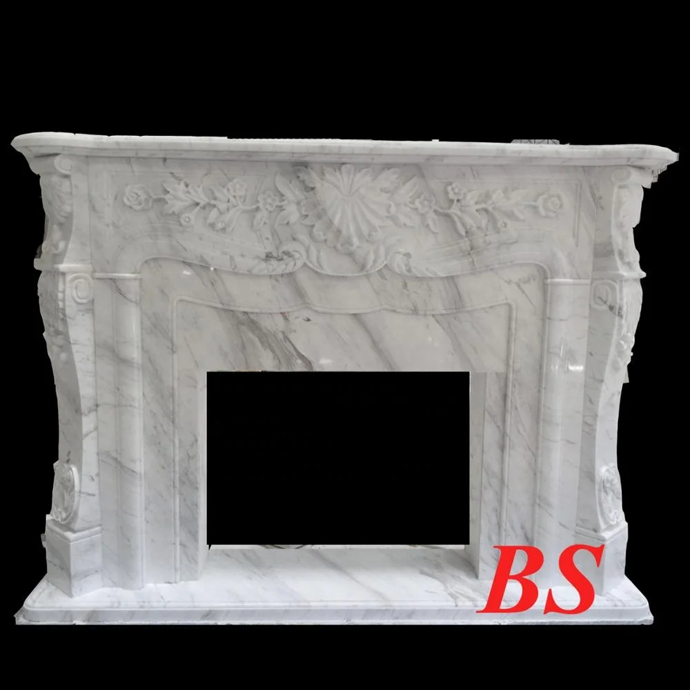 Customized Victorian White Carrara Marble Fireplace Mental with Flower Carving Home Decoration Sculpture