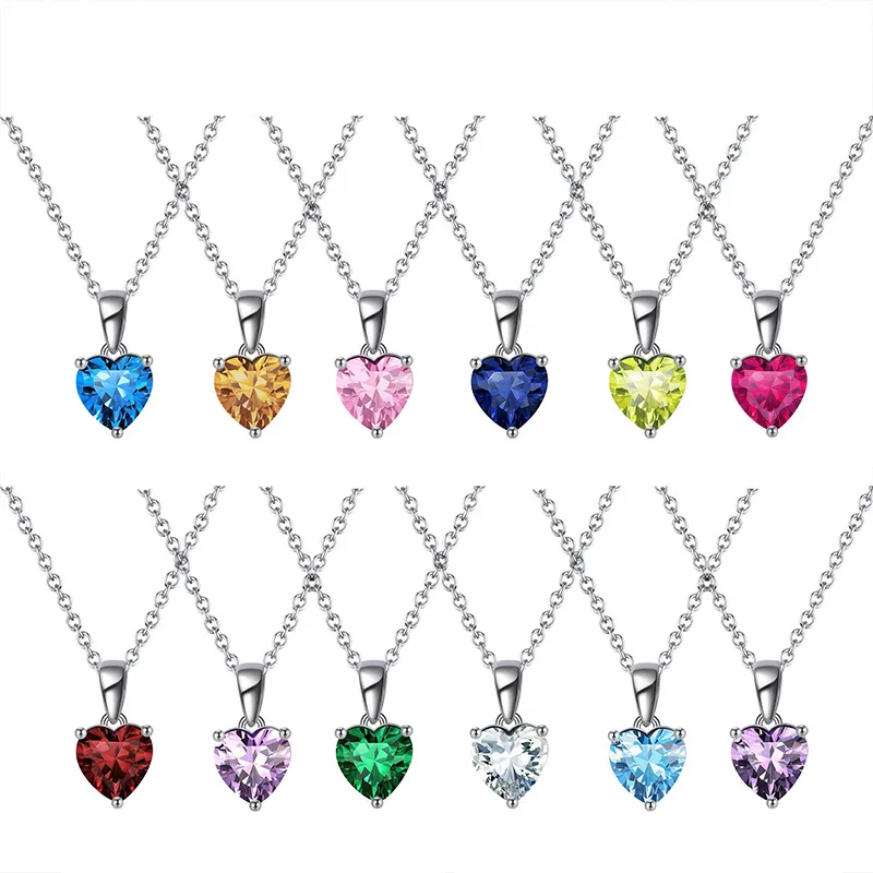 High Quality 925 Sterling Silver Heart Pendant Necklace 12 Months Birthstone Necklaces For Women Gifts Wholesale