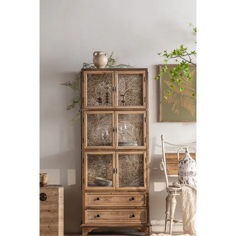 French Country Style Vintage Decor Home Kitchen Furniture Wooden Frame Glass Door Tall Kitchen Cabinet Designs