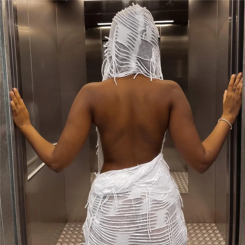 2023 Women Fashion Hooded Sleeveless Backless Tassel Sexy Slim Mini Dress Summer Casual Party Halloween Costume