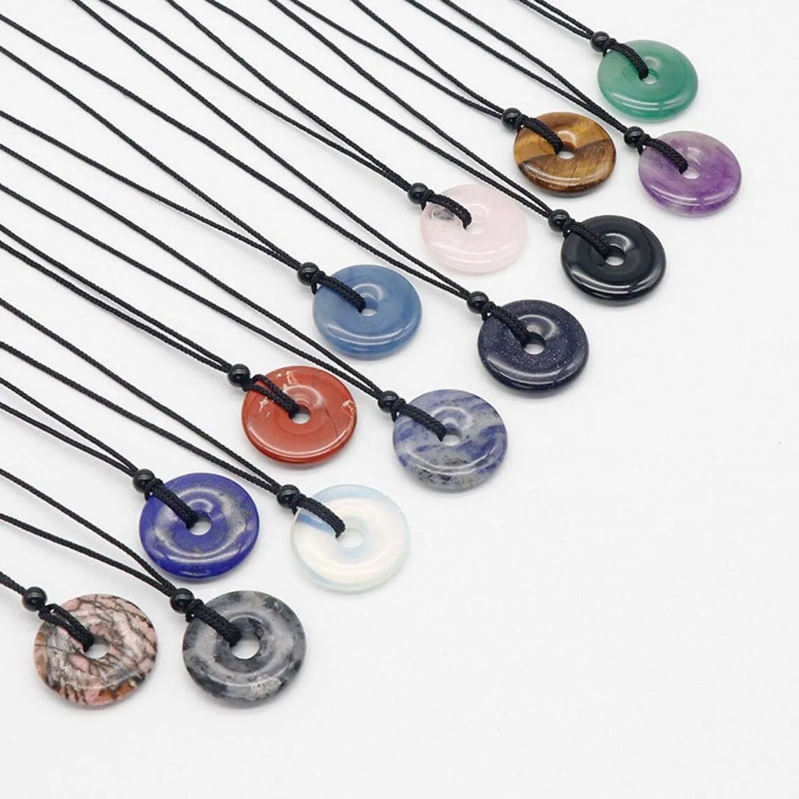 Natural Gemstone Healing Crystal Doughnut Necklace Protection Peace Buckle Pendant Rope Necklace For Him Her