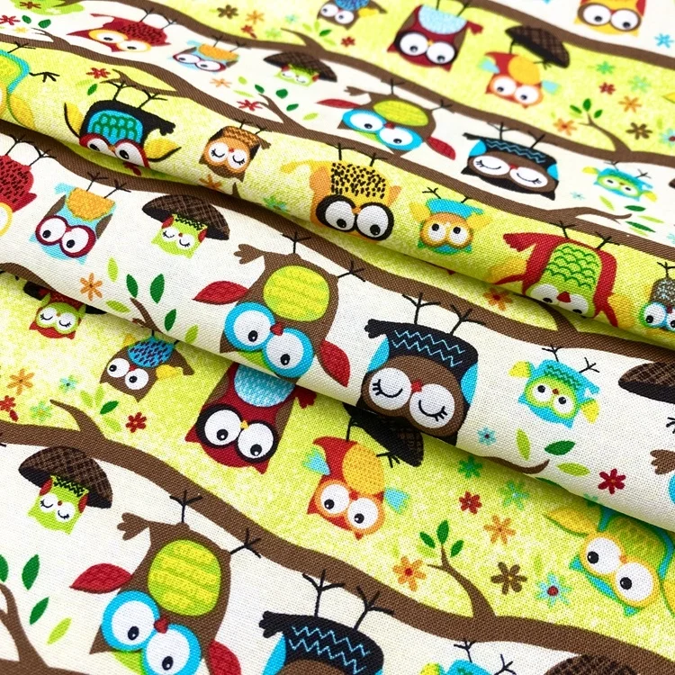 Soft comfortable cartoon animals owl design woven organic 100% cotton poplin print fabric for baby kids children