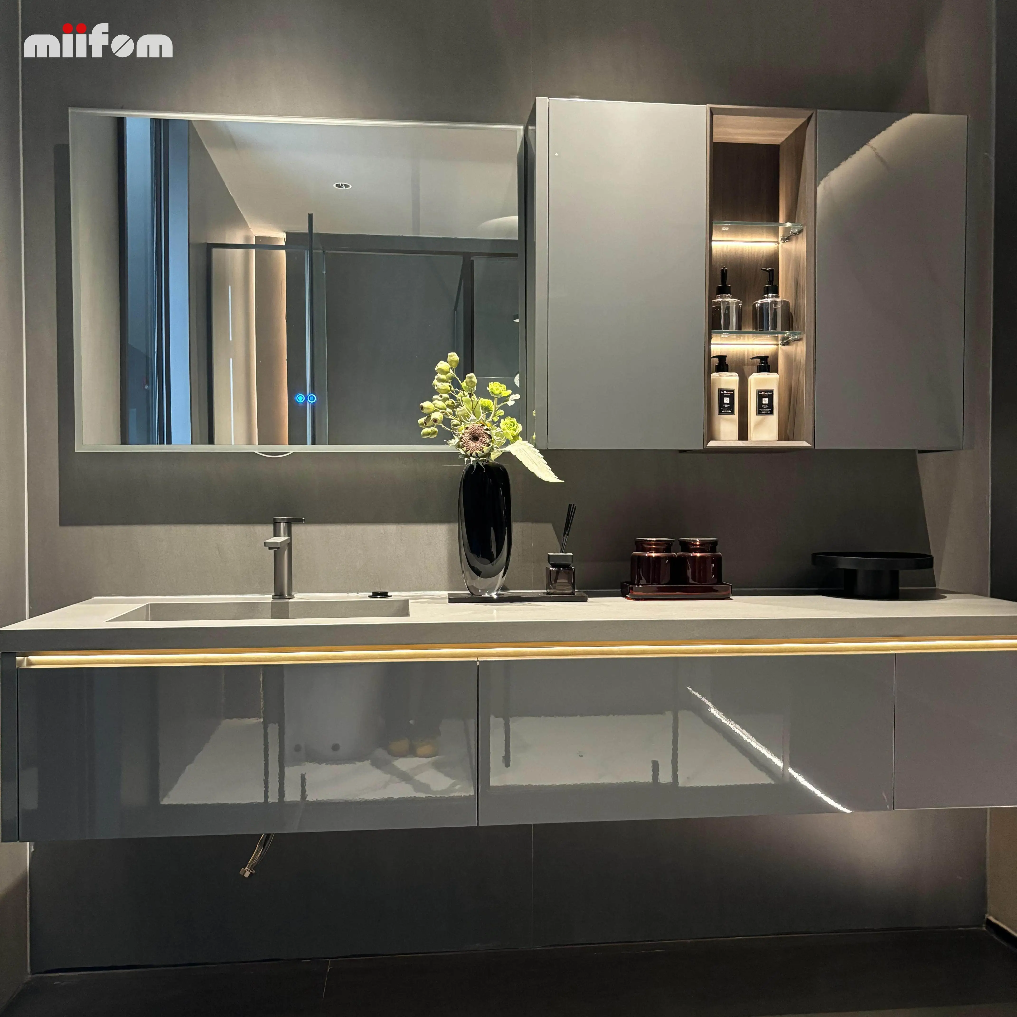 grey high glossy lacquer countertop and basin integrated one type bathroom cabinet with smart mirror