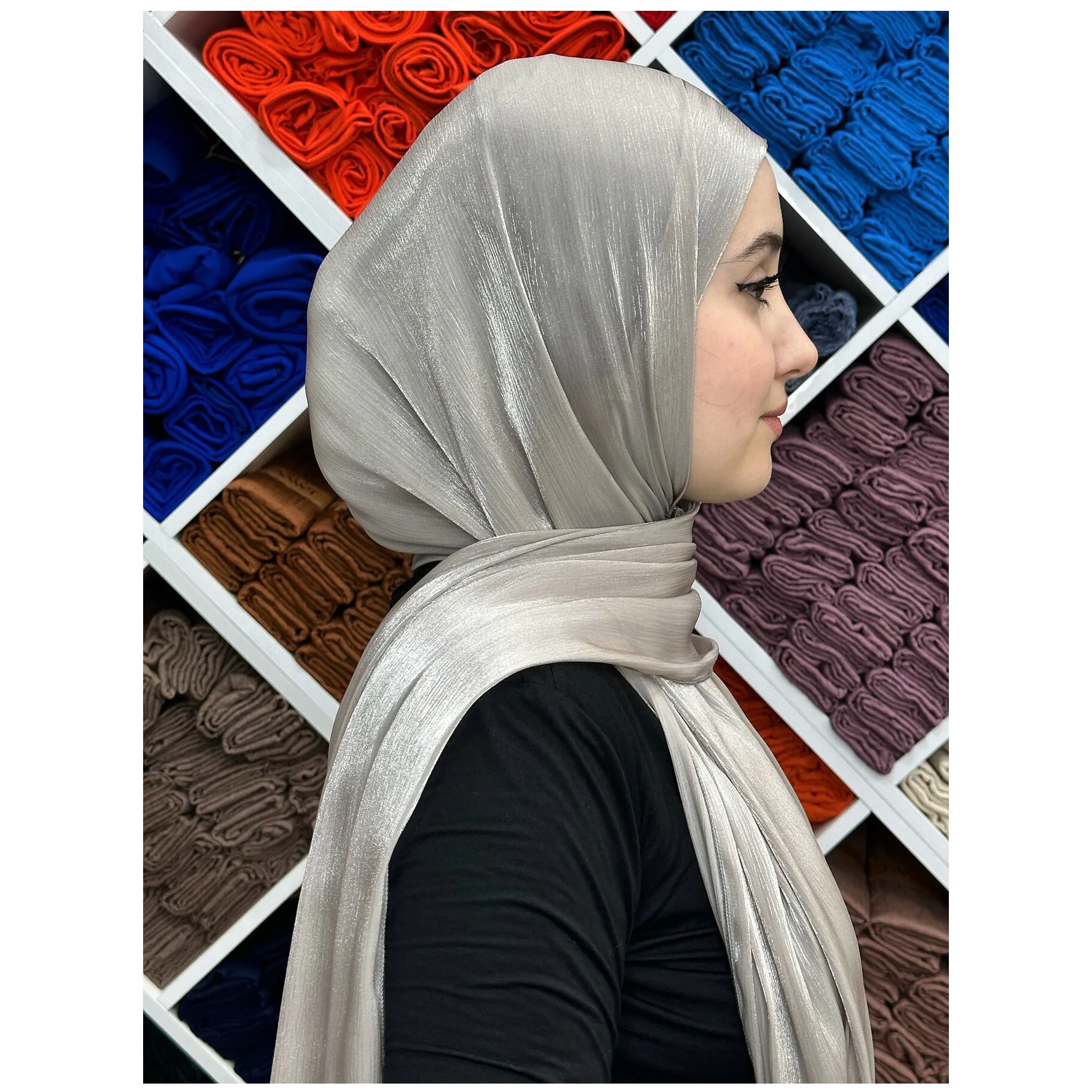 Wholesale Muslim Women Plain color Shimmer polyester Shawl  Hijab Scarfs Luxury Premium