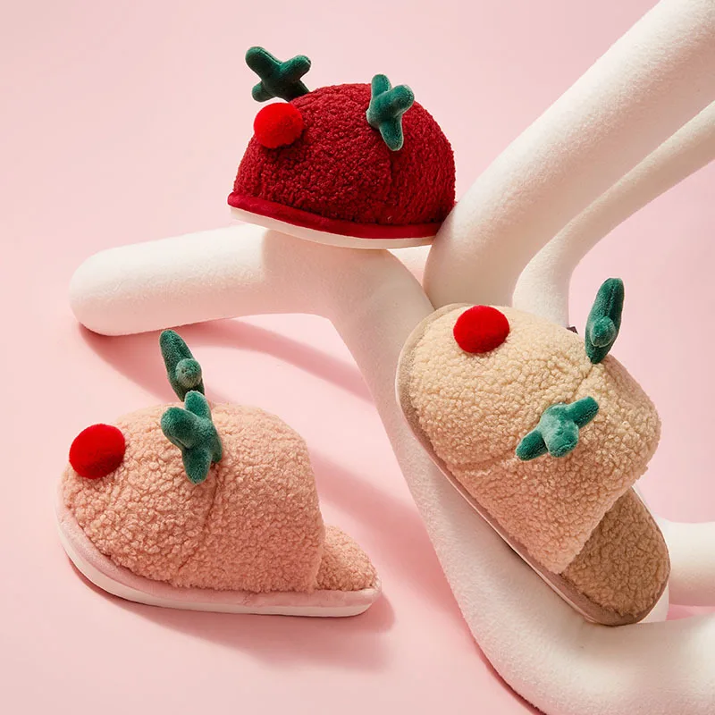 Christmas Present Women Cute Wapiti Slippers Puffy Winter Custom Animal Shaped Girls Dolls Indoor Flat Slipper Antlers Slippers