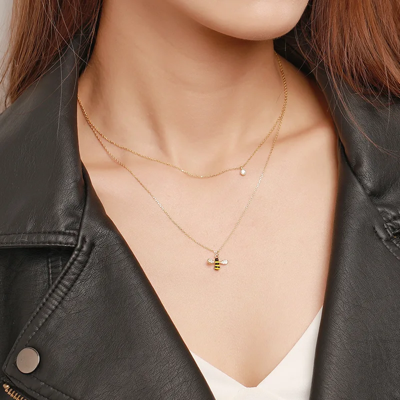 
Mini Initial Animal Bee Layered Chain Necklace Gold 925 Sterling Silver Diamond CZ stone Choker Necklace Jewelry For Women 