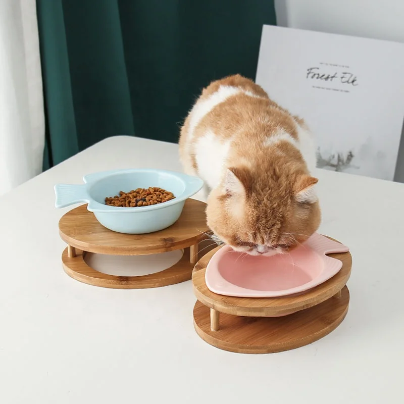 Manufacturers Raised Ceramic Fish Shape Pet Bowl With Wooden Frame Stand Cat Dog Bowl Pet Feeder ChaoZhou Supply