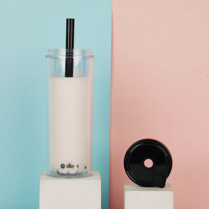 OEM Straight Clear Double Wall Reusable Boba Tumbler Cups 20 Oz Skinny Bubble Tea Plastic Cups With Lids And Straws