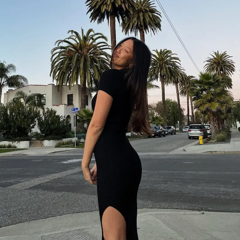 Y45142 new casual rib knit polo neck women long dresses