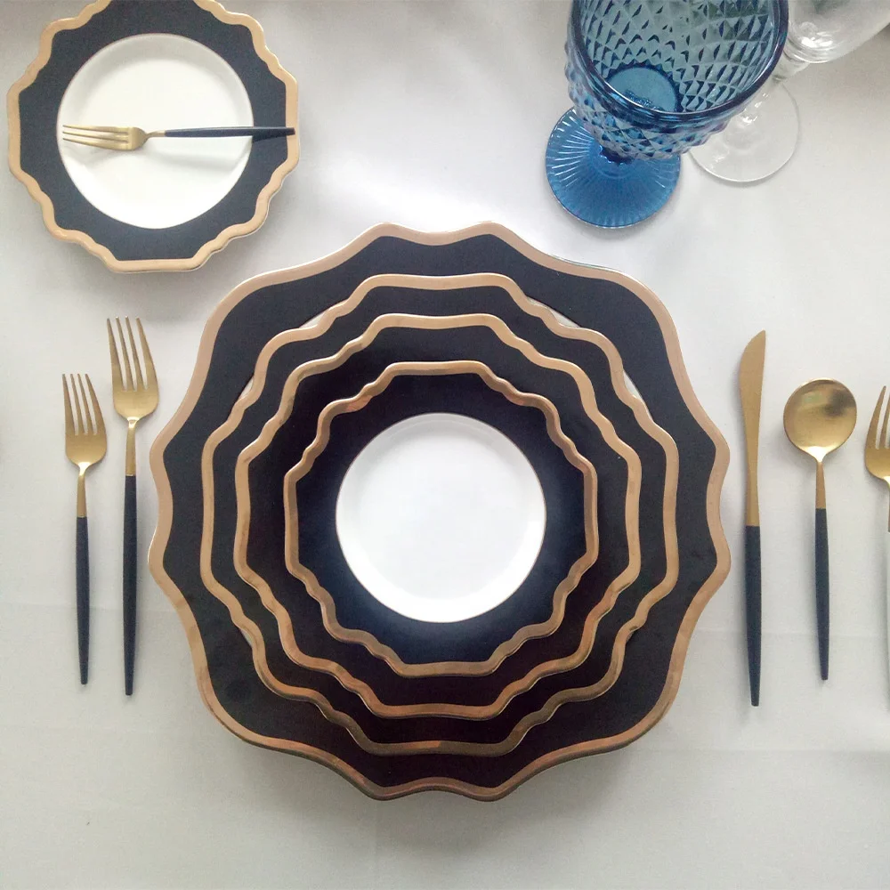 Wholesale Cheap Events Decoration Black Gold Rim Porcelain Ceramic Charger Plate Dinnerware Set
